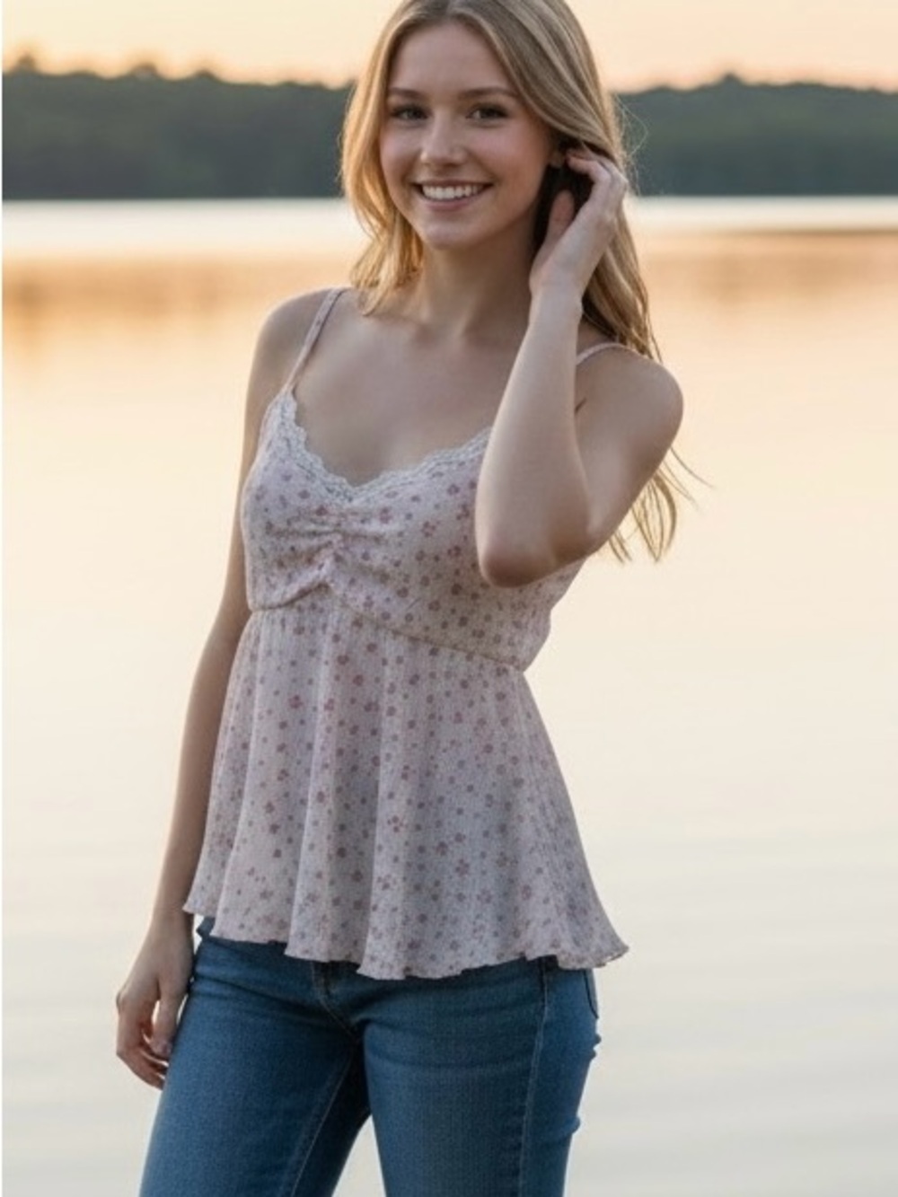 Pink Rose. Light Pink Floral Lace-Trim Camisole